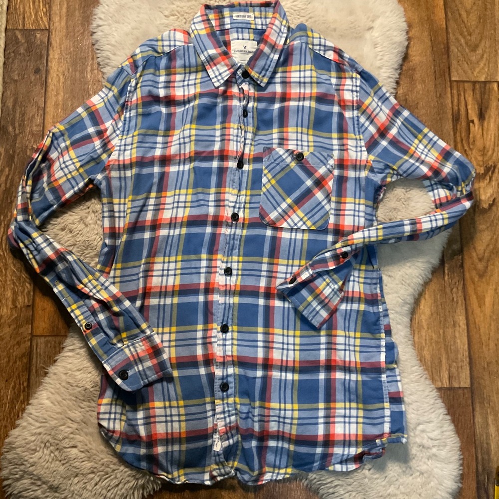 American Eagle Super Soft Button Front Long Sleeve Size‎ Small Shirt Plaid Blue